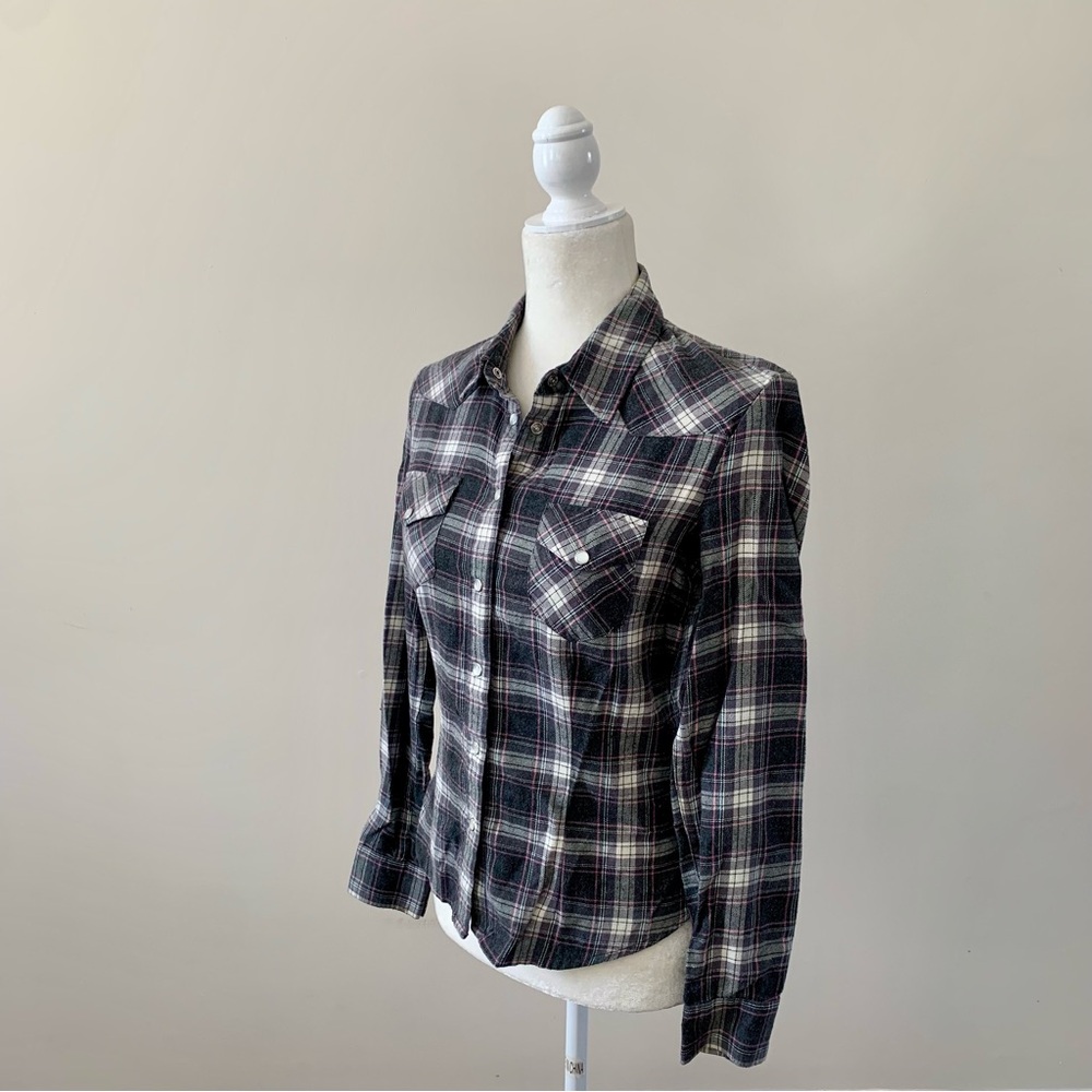 French Connection Denim - Charcoal and Pink Plaid Shirt - Size 4